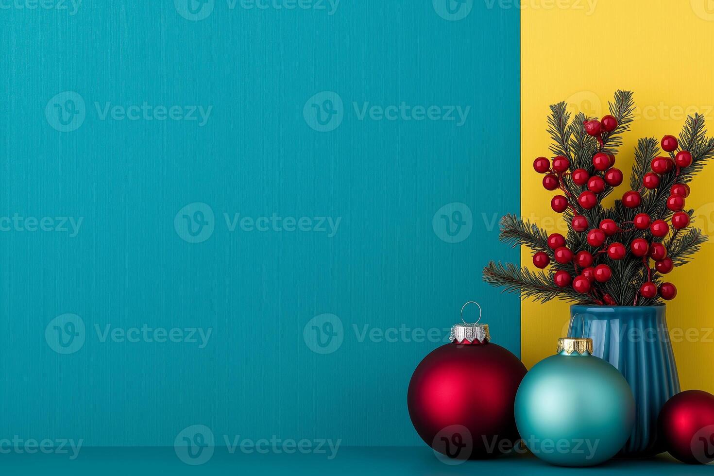 Coastal themed Christmas and New Year celebrations captured in the color palette of deep blue, vibrant red, pale yellow, and seafoam green photo