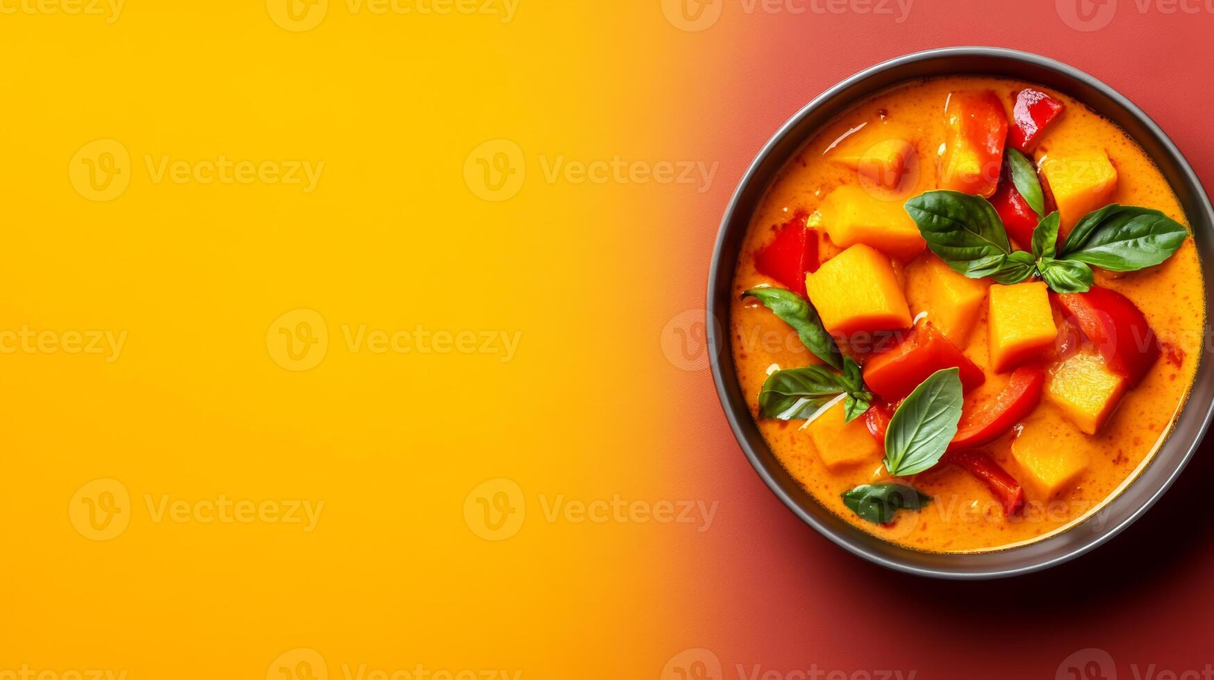 Comforting autumn dish of Thai pumpkin coconut curry, with chunks of pumpkin, bell peppers, and Thai basil, set against a gradient background transitioning from rich red to golden yellow photo