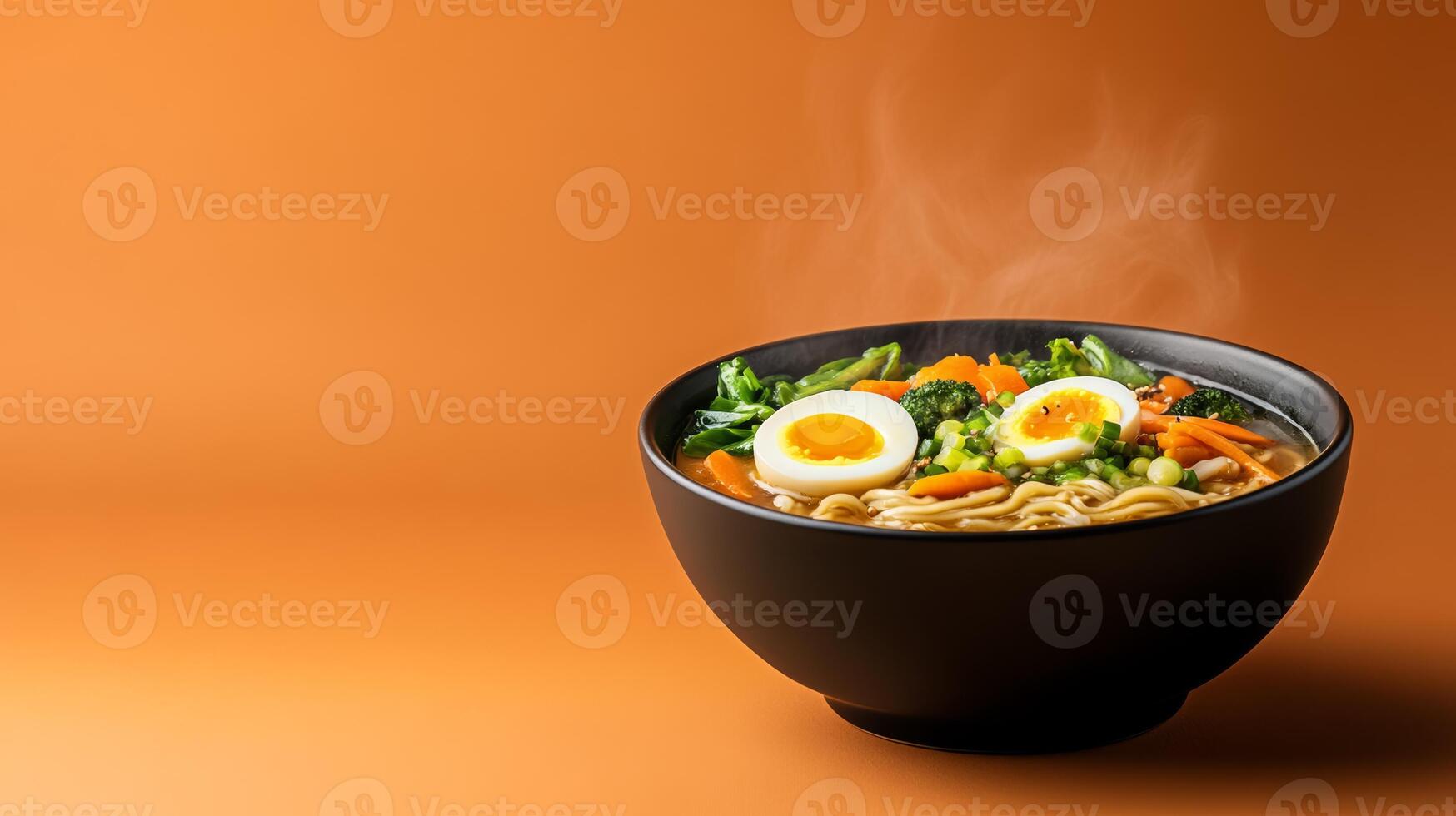 Cozy bowl of miso ramen with autumn vegetables, soft boiled egg, and rich broth, steam rising against a gradient background blending from warm orange to deep brown photo