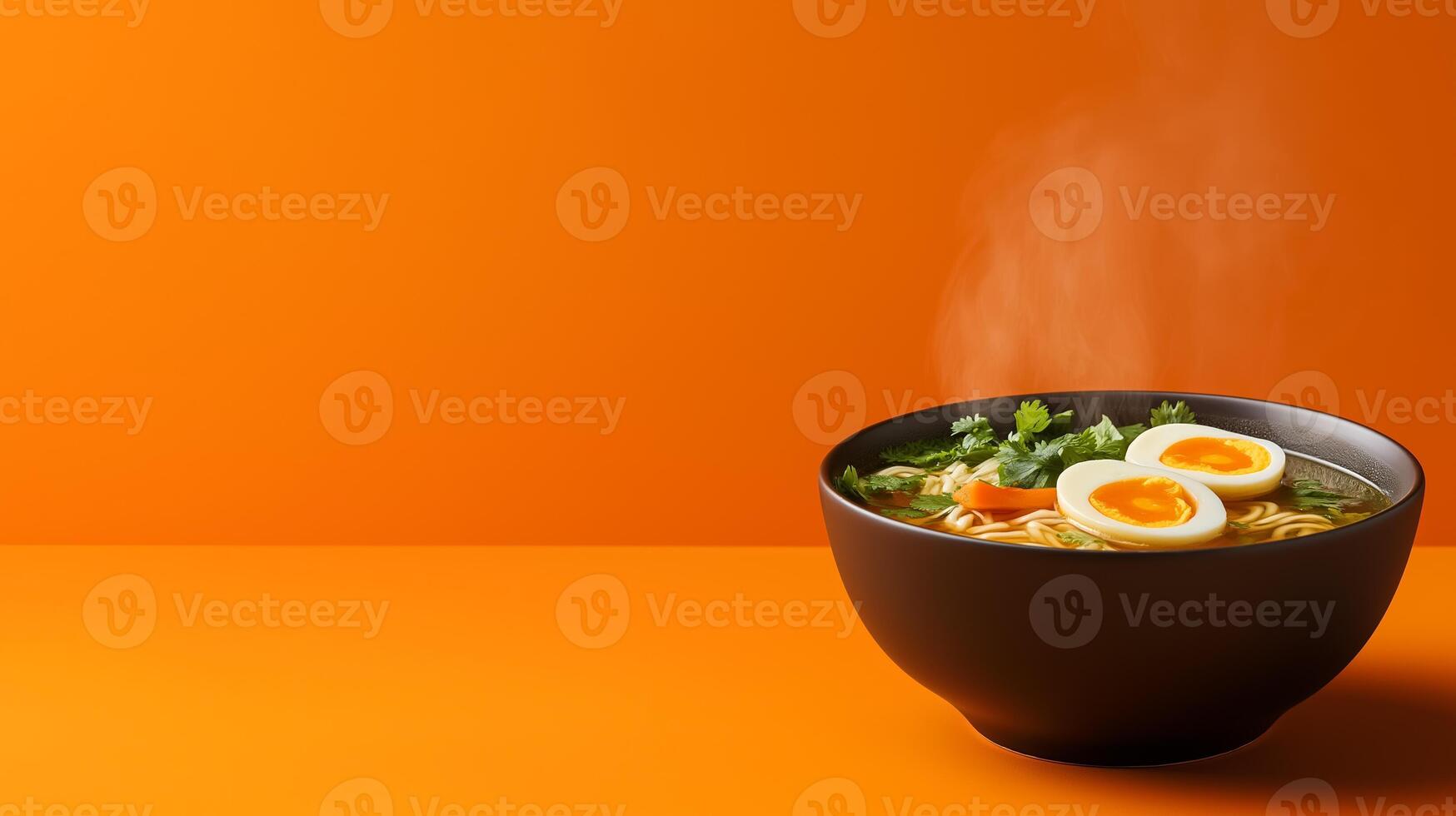 Cozy bowl of miso ramen with autumn vegetables, soft boiled egg, and rich broth, steam rising against a gradient background blending from warm orange to deep brown photo