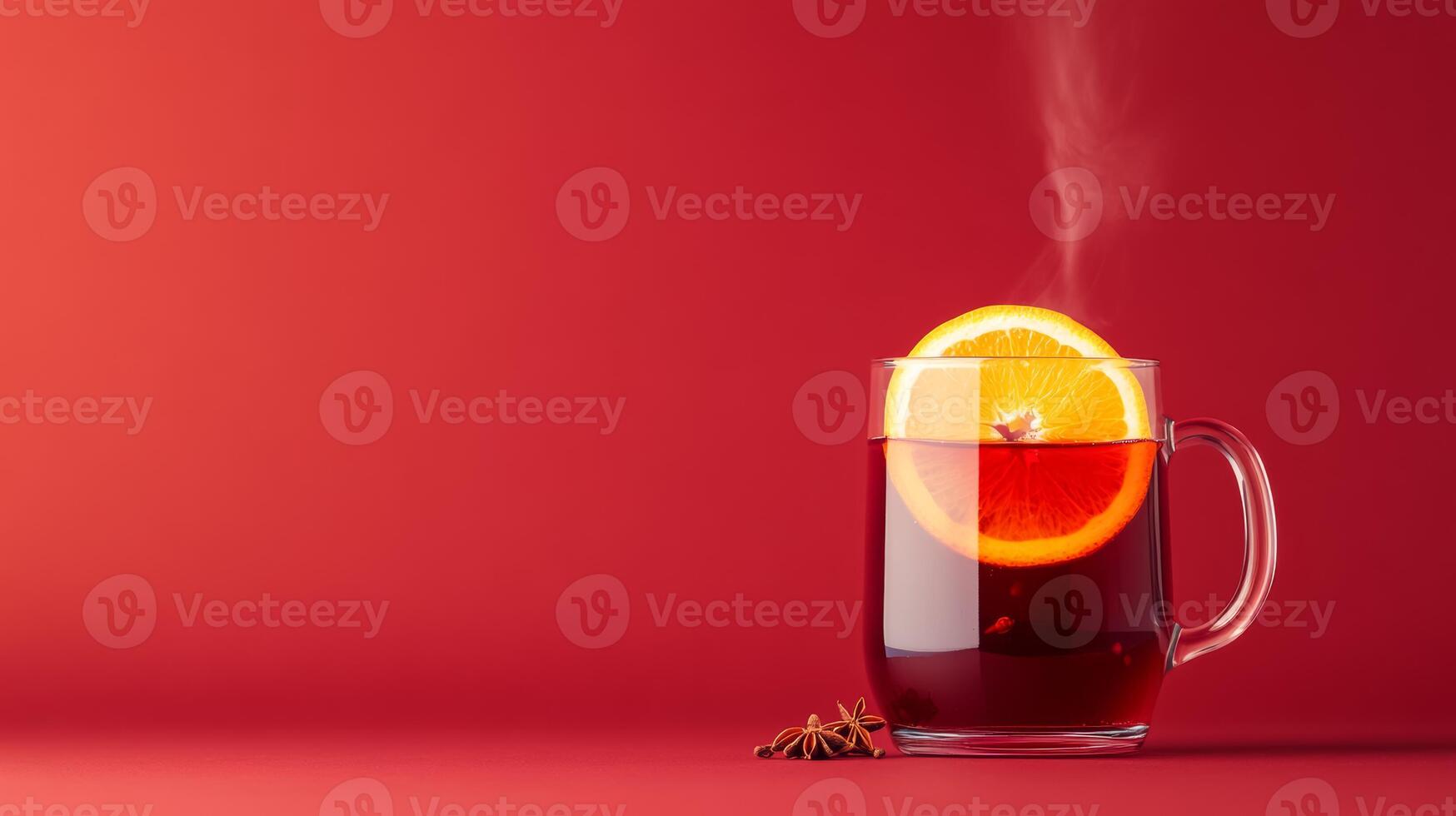 Cozy mulled wine with red wine, cloves, and orange slices, steam rising from the glass mug, warm autumn hues on a gradient background transitioning from deep burgundy to golden amber photo