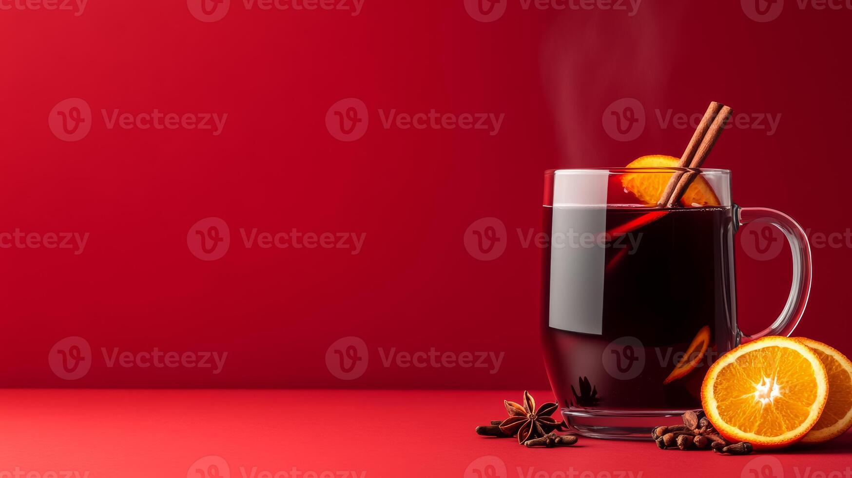 Cozy mulled wine with red wine, cloves, and orange slices, steam rising from the glass mug, warm autumn hues on a gradient background transitioning from deep burgundy to golden amber photo