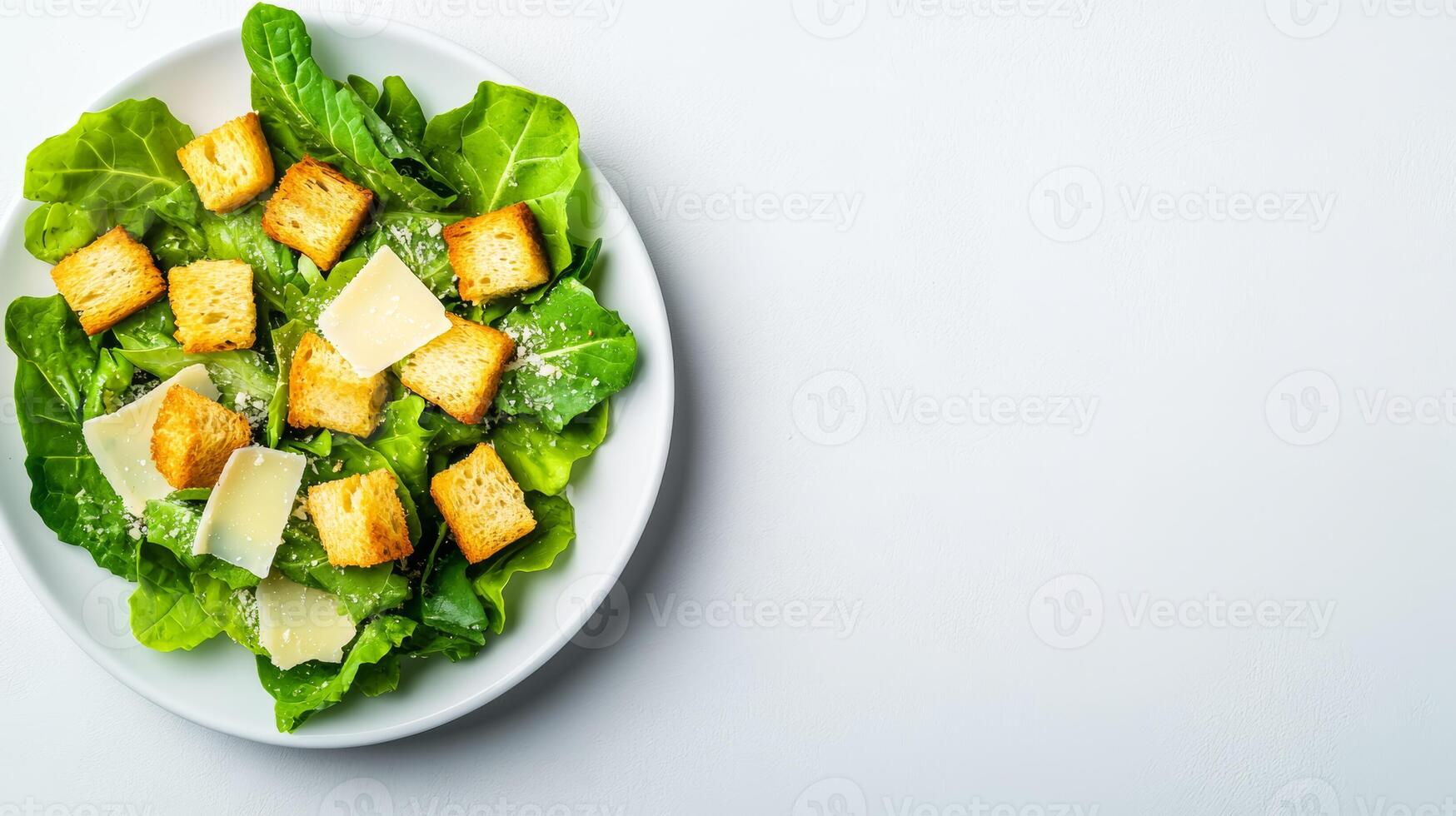 Deconstructed Caesar salad with crispy croutons, romaine leaves, Parmesan shavings, and anchovies, stylishly plated with ample space for text on a light background photo