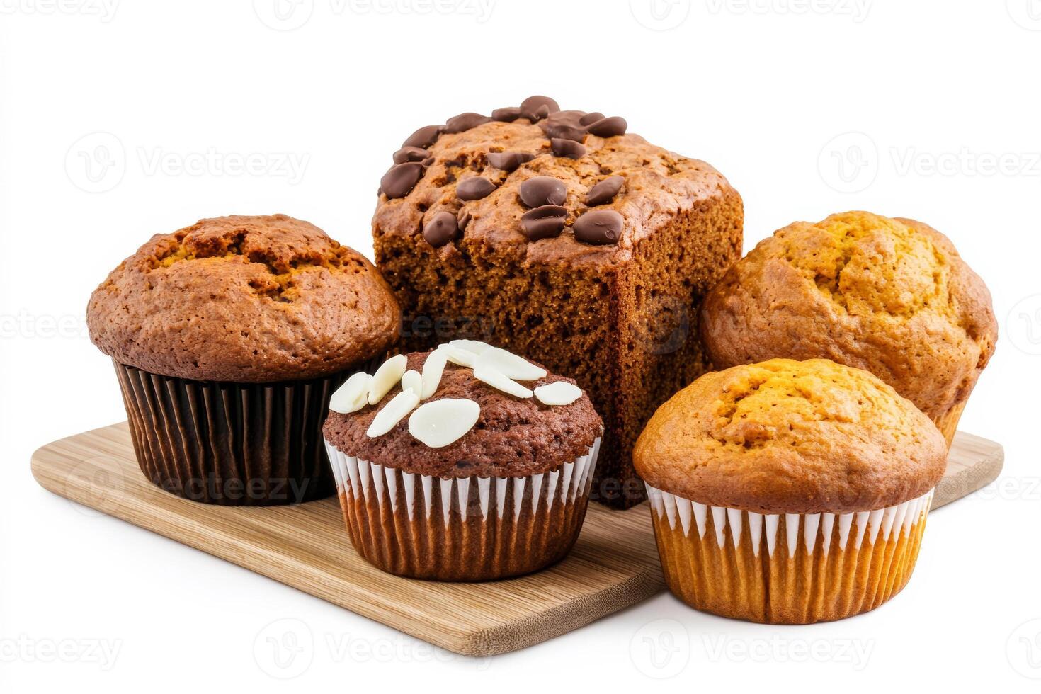 Delicious pumpkin bread and muffins on cozy home setting, isolated on a white background photo
