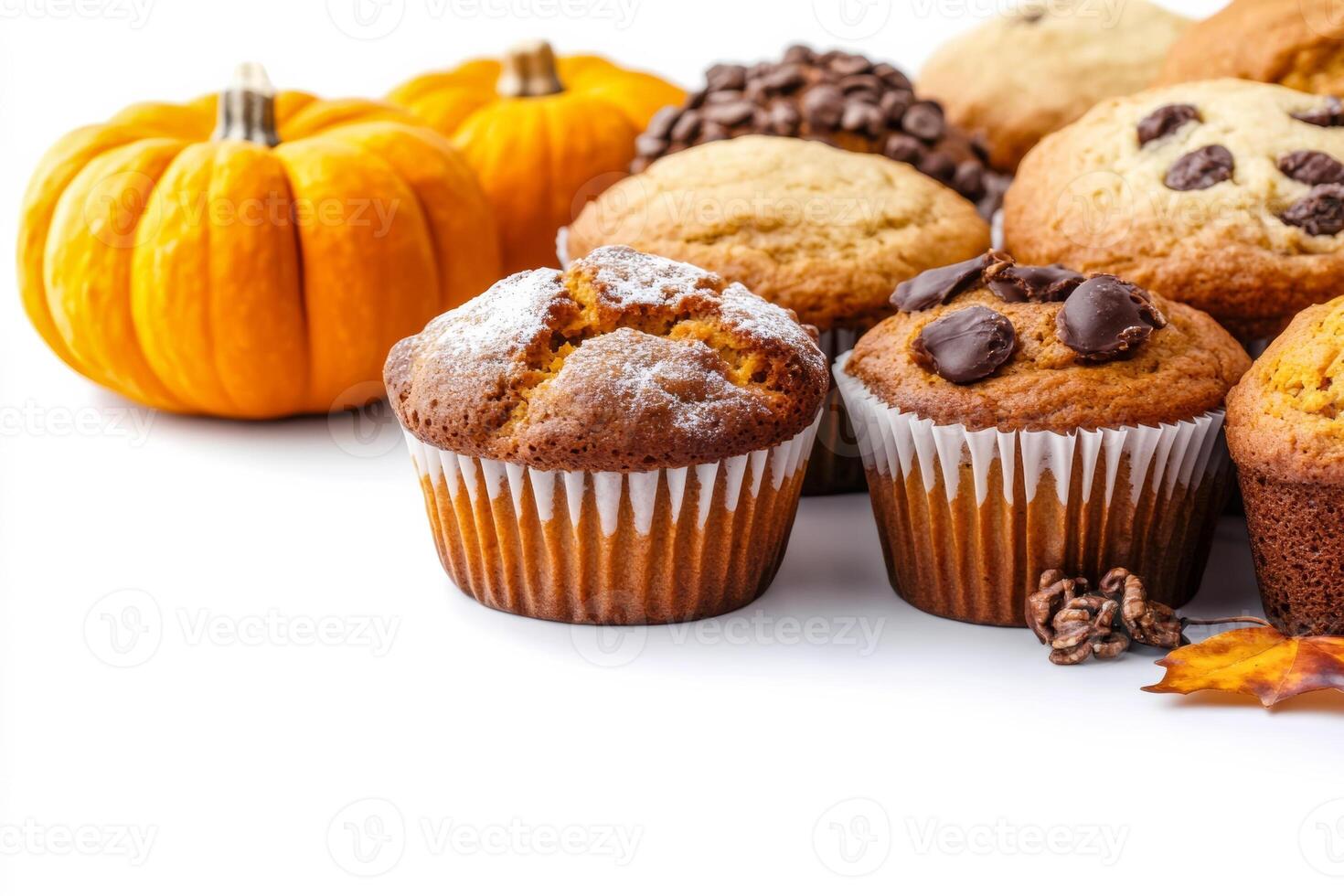 Delicious pumpkin bread and muffins on cozy home setting, isolated on a white background photo