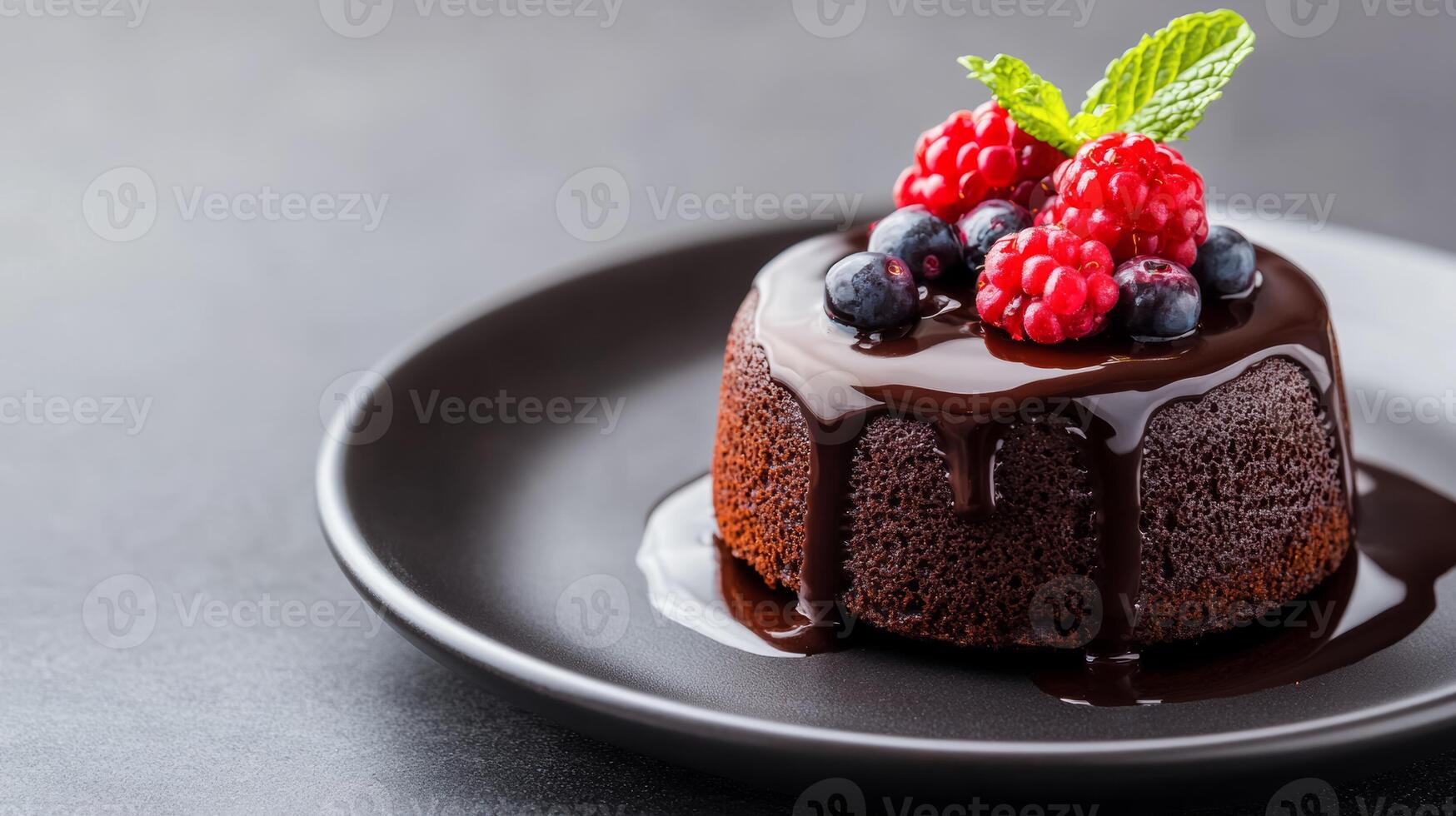 Elegant dessert of chocolate lava cake with a berry garnish and mint, positioned on a dark plate with ample empty space around for text, smooth gradient background photo