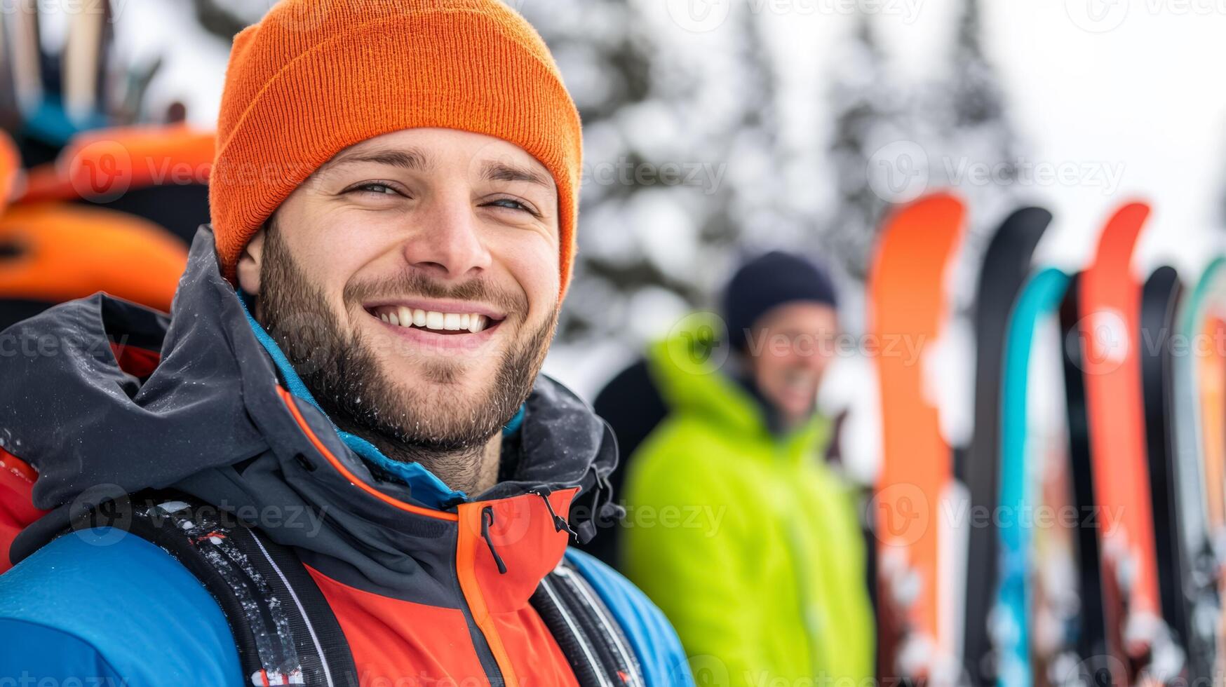 Enthusiastic staff at a ski rental shop handing out gear organized rows of skis and snowboards behind cozy atmosphere with guests laughing and getting ready for the slopes photo