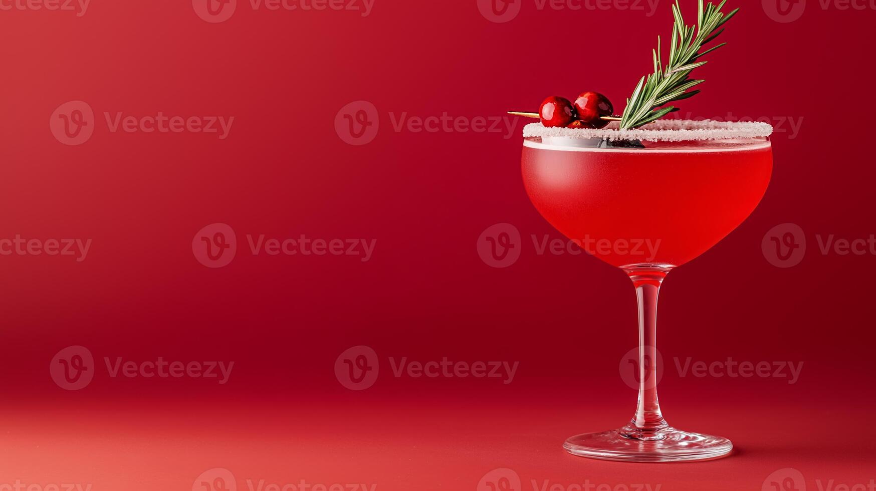 Festive autumn cocktail with spiced cranberry juice, vodka, and a rosemary sprig, served in a coupe glass with sugared rim, against a gradient background from rich red to golden brown photo