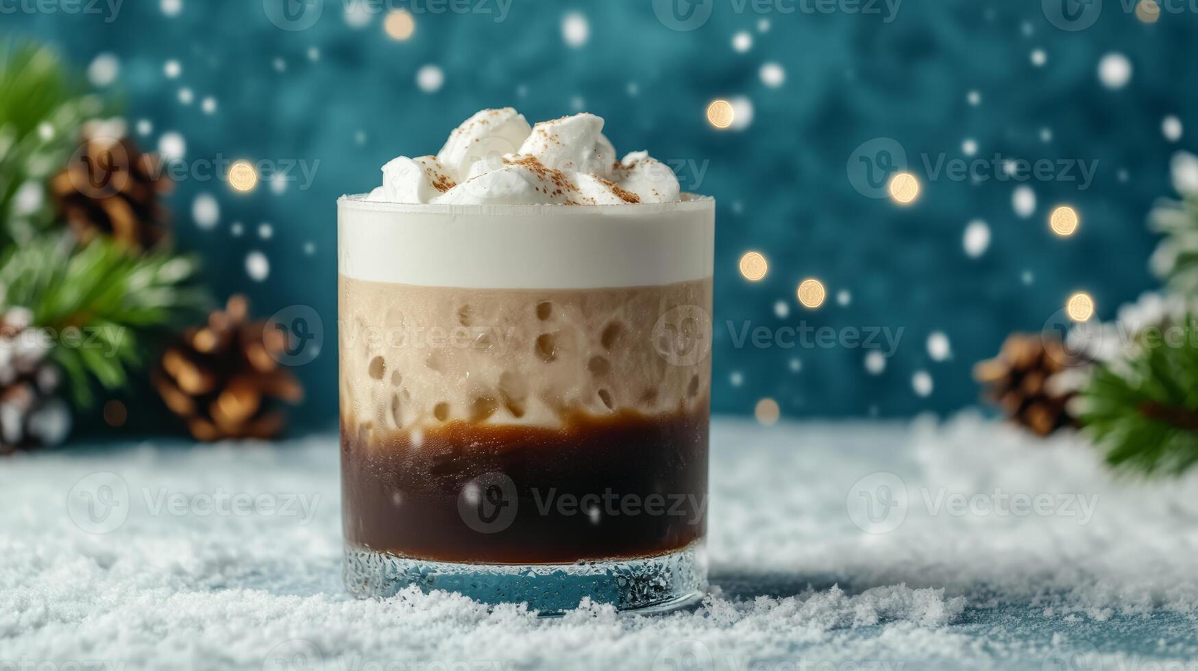 Frosty white Russian cocktail with vodka, coffee liqueur, and cream, served with ice, set against a winter background with snow covered fir trees and twinkling snowflakes photo