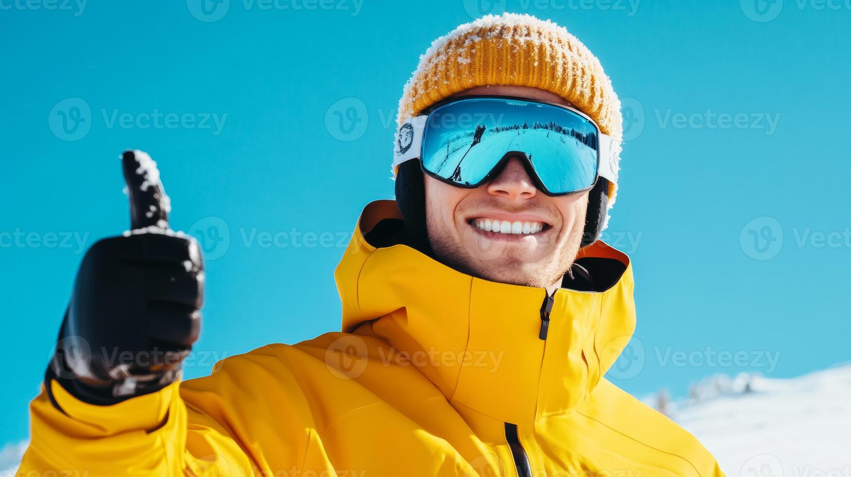 Grinning skier giving a thumbs up at the top of a snowy slope surrounded by winter beauty dressed in bright colors ready to descend down the mountain blue sky above photo