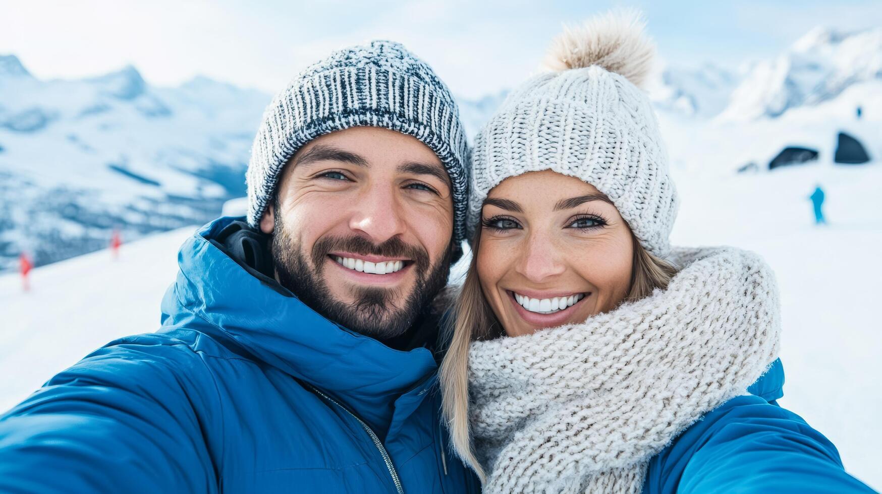 Happy couple at a ski resort taking a selfie in front of snowy mountains bundled in matching winter jackets and beanies radiant smiles enjoying the winter adventure photo