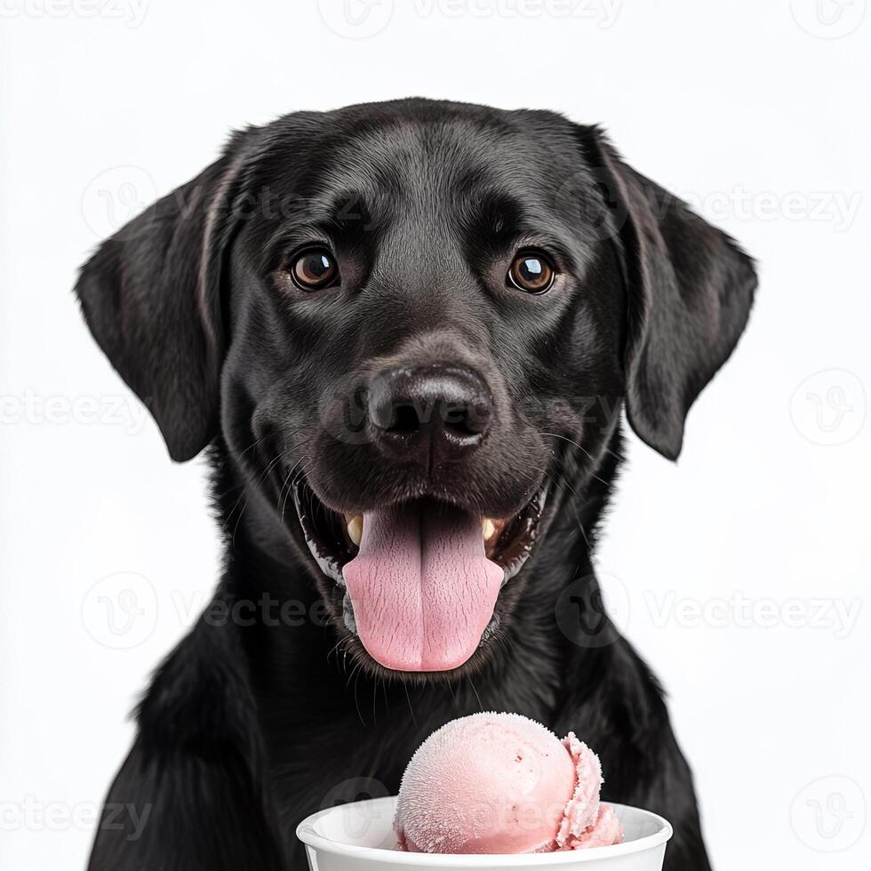 Happy labrador eating dogs ice cream from a bowl isolated on white background photo