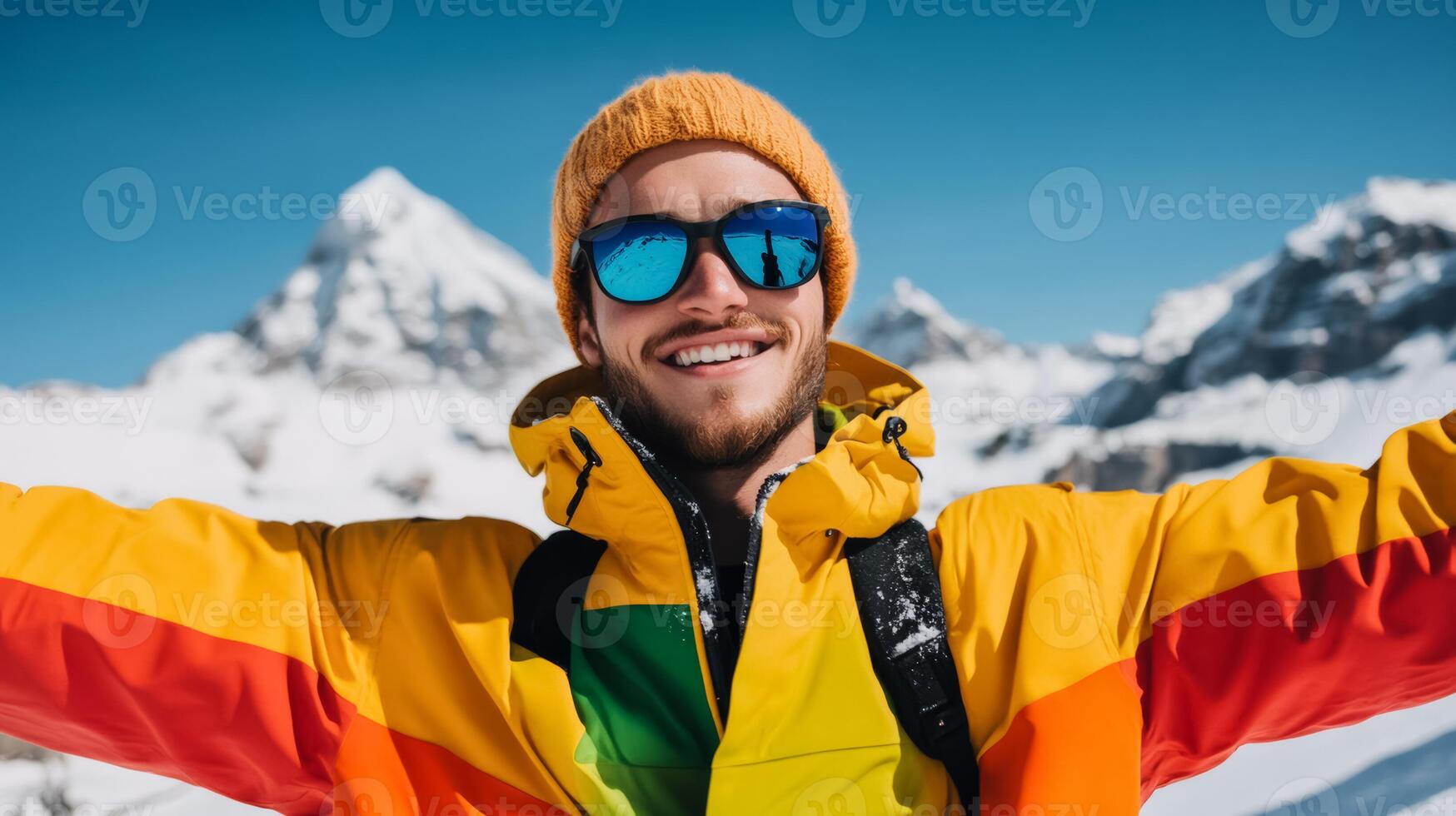 Happy snowboarder with outstretched arms embracing the winter resort scene snow capped peaks in the background colorful jacket contrasting with the white snow pure exhilaration photo