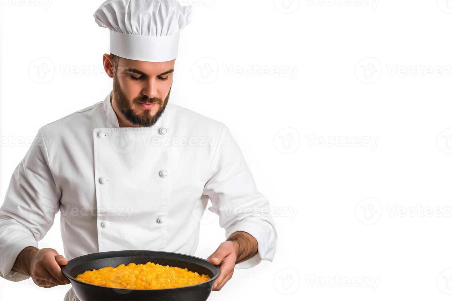 Italian chef stirring pumpkin risotto in traditional kitchen, isolated on a white background photo