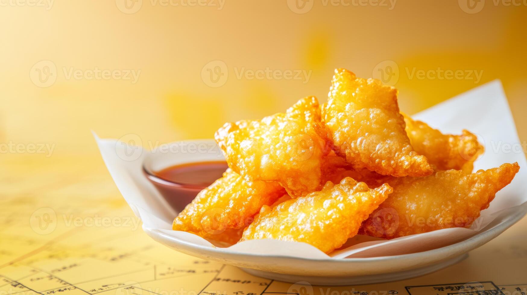 Japanese kabocha tempura with crispy batter, served with a side of dipping sauce, golden hues set against a gradient background from soft yellow to deep earthy brown photo