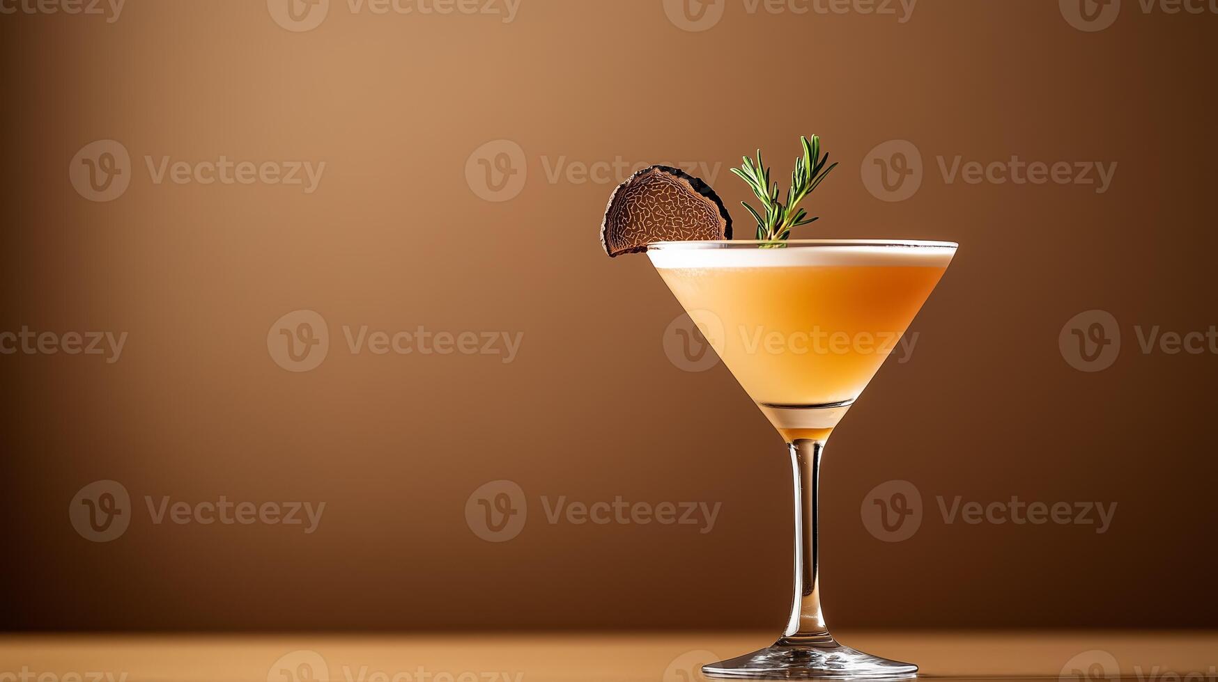 Luxurious truffle infused vodka martini with earthy tones, garnished with a truffle slice and thyme sprig, set against a gradient background fading from deep brown to soft gold photo