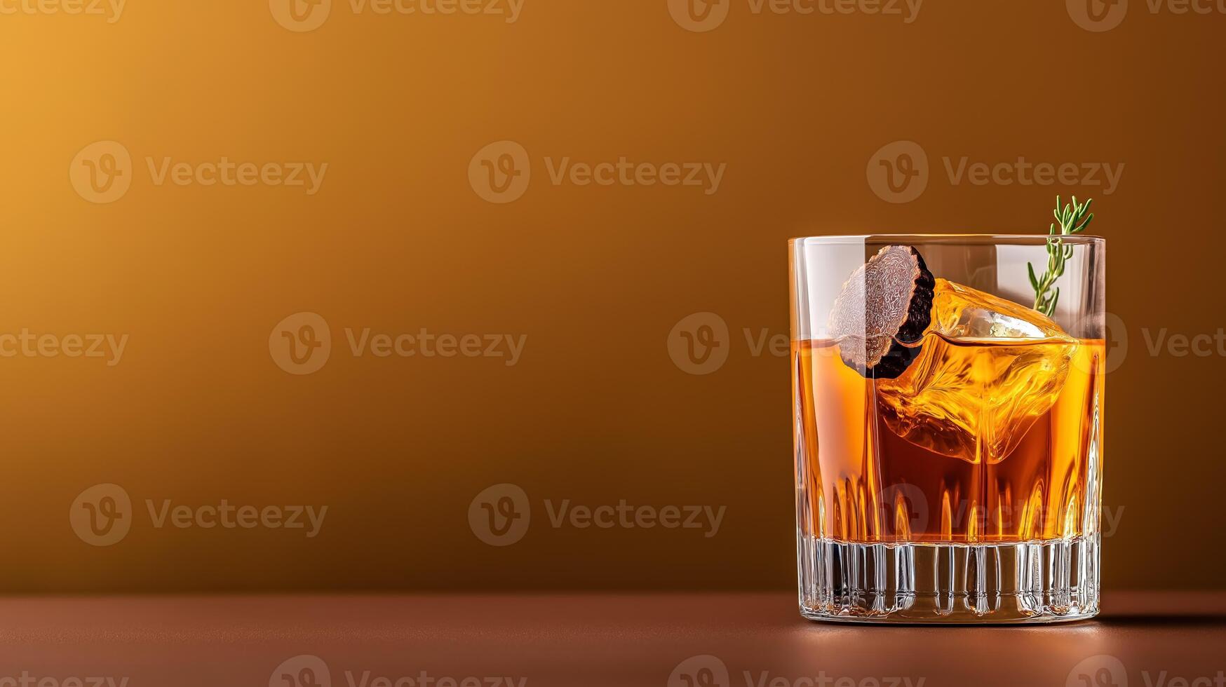 Luxurious truffle infused vodka martini with earthy tones, garnished with a truffle slice and thyme sprig, set against a gradient background fading from deep brown to soft gold photo