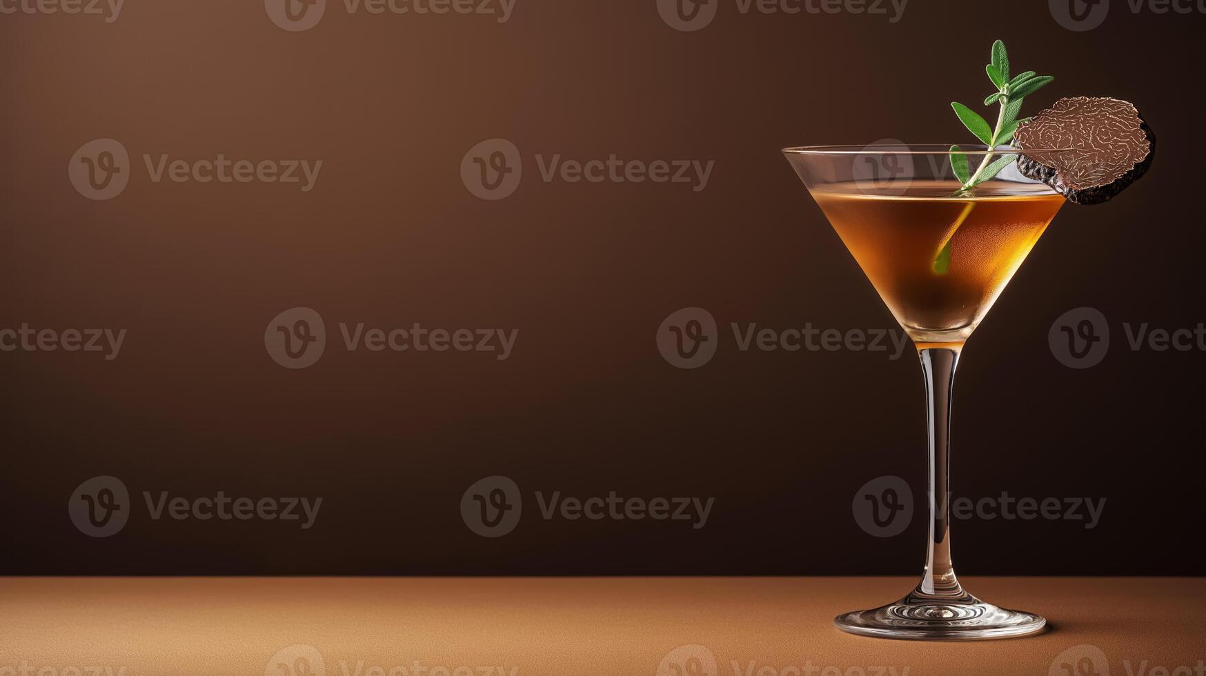 Luxurious truffle infused vodka martini with earthy tones, garnished with a truffle slice and thyme sprig, set against a gradient background fading from deep brown to soft gold photo