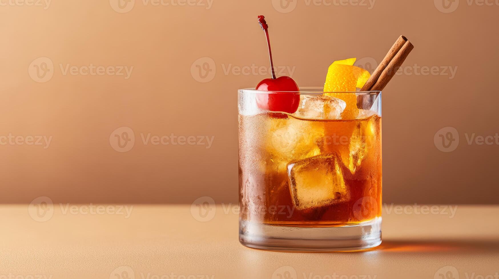 Maple old fashioned with bourbon, maple syrup, and orange peel, garnished with a cherry and cinnamon stick, set against a gradient background fading from deep amber to warm brown photo