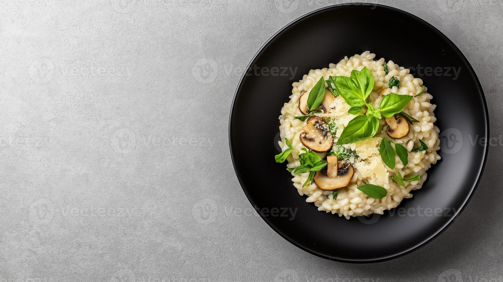 Modern dish of risotto with wild mushrooms, Parmesan, and fresh herbs, presented on a sleek black plate with ample space for text on a soft grey background photo