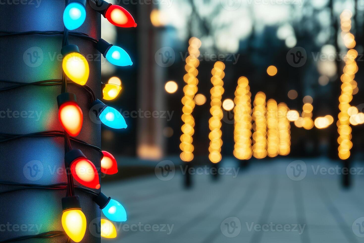 Outdoor Christmas and New Year decoration in public spaces with sparkling lights in deep blue, vibrant red, pale yellow, and seafoam green colors photo