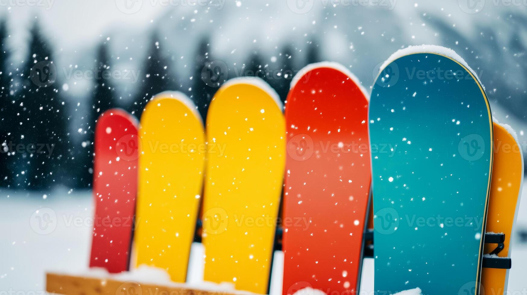 Outdoor snowboard rental stand at a bustling ski resort colorful boards lined up against racks fresh snow falling mountain peaks in the background energetic vibe photo