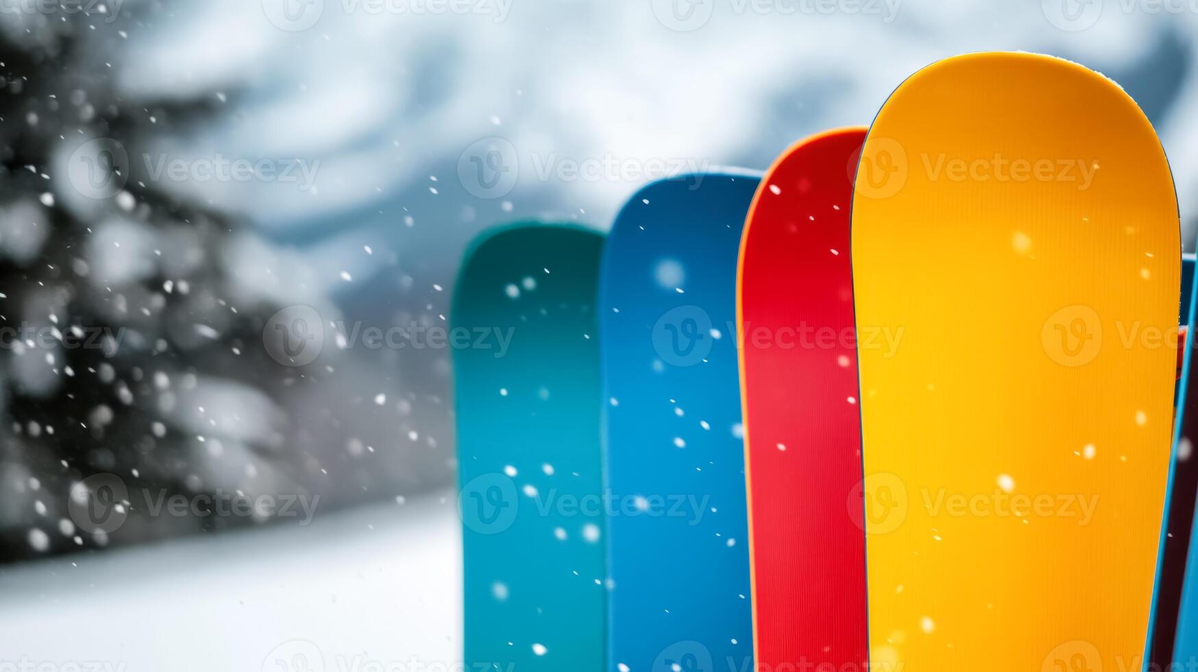 Outdoor snowboard rental stand at a bustling ski resort colorful boards lined up against racks fresh snow falling mountain peaks in the background energetic vibe photo