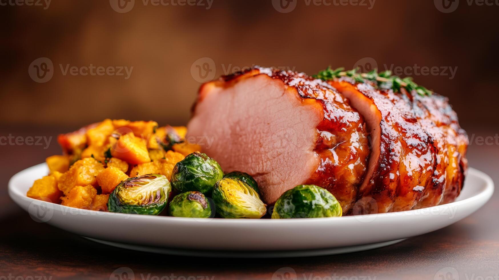 Plate of glazed ham with roasted Brussels sprouts and sweet potato casserole, rich autumn colors set against a gradient background blending from deep amber to warm brown photo