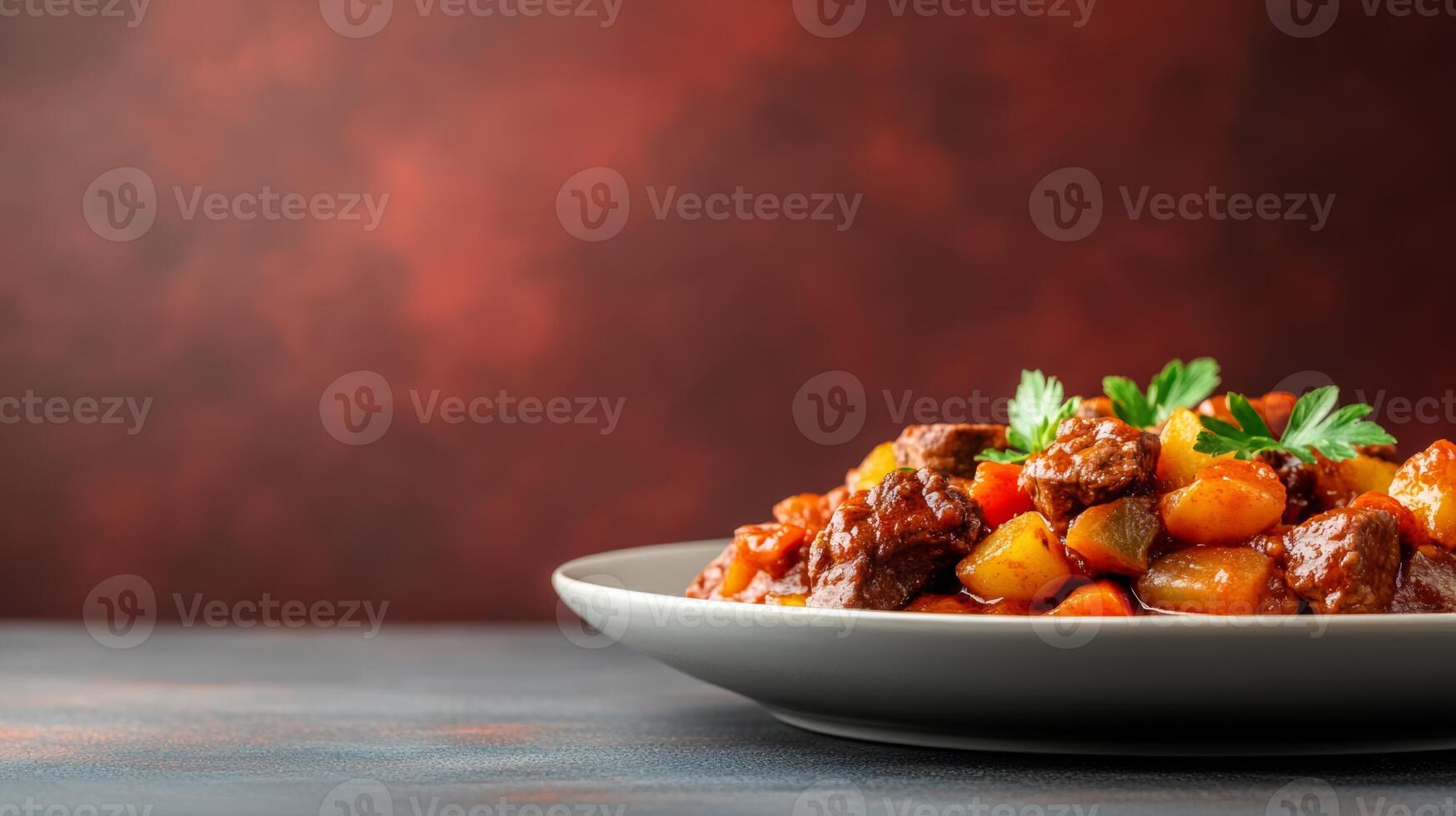 Plate of hearty goulash with tender beef, root vegetables, and paprika, cozy autumn vibe against a background with a gradient from deep red to rustic brown photo