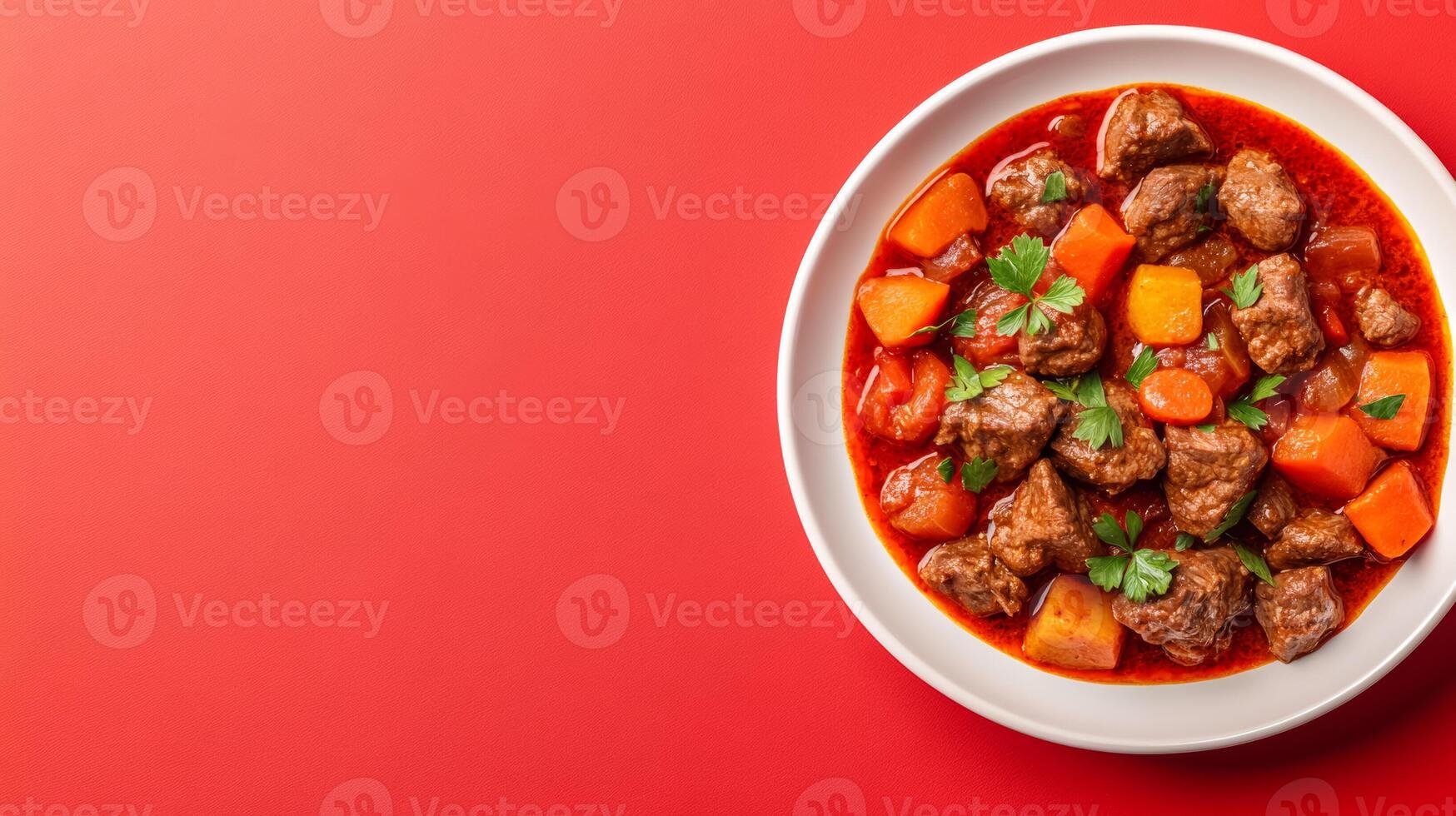 Plate of hearty goulash with tender beef, root vegetables, and paprika, cozy autumn vibe against a background with a gradient from deep red to rustic brown photo