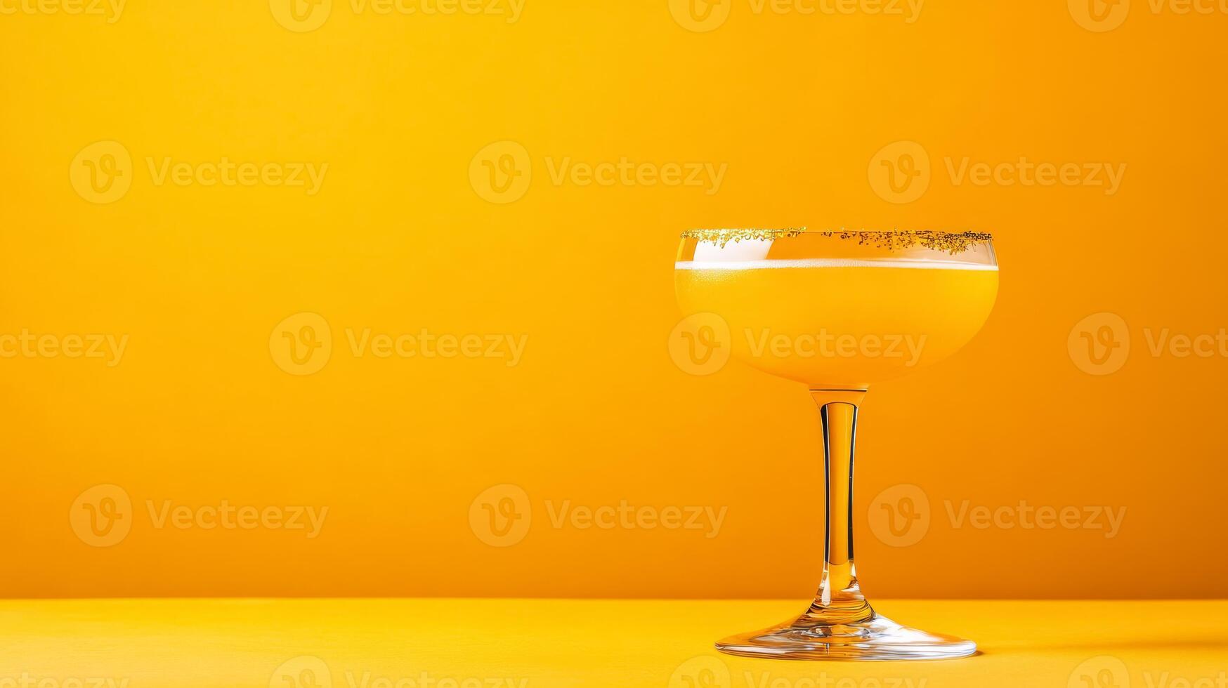Rare saffron infused gin cocktail with golden hue, garnished with a delicate saffron thread and edible gold leaf, set against a gradient background transitioning from warm yellow to deep orange photo