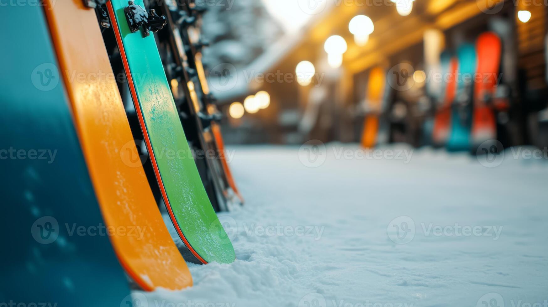Rental shop at a ski resort with snowboard racks by the entrance vibrant designs catching the eye warm light spilling out into the snow cozy winter vibes photo