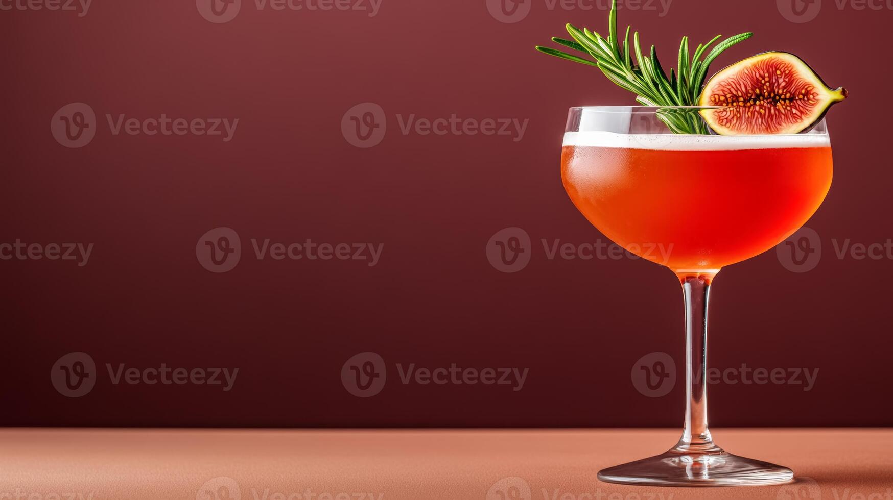 Rare smoked rosemary bourbon cocktail with fig syrup, garnished with a caramelized fig slice and fresh rosemary, deep tones against a gradient background from rich brown to burgundy photo