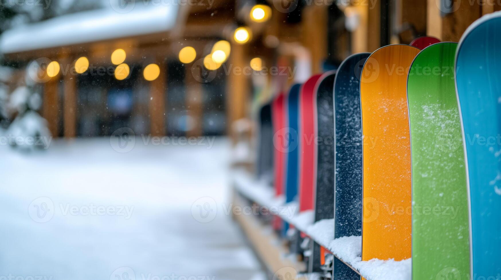 Rental shop at a ski resort with snowboard racks by the entrance vibrant designs catching the eye warm light spilling out into the snow cozy winter vibes photo