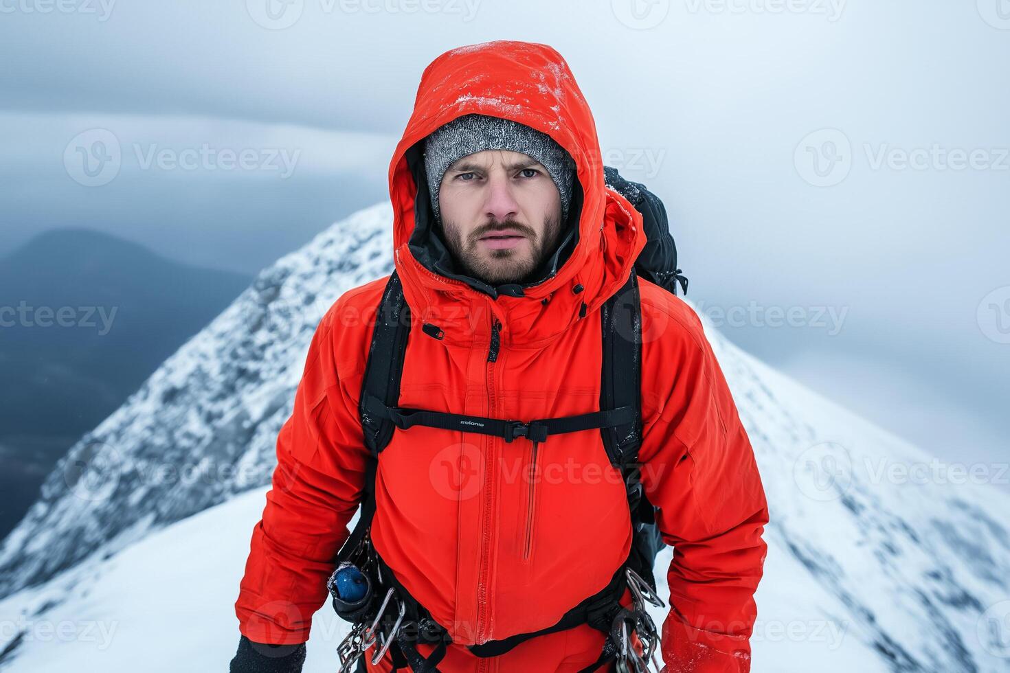 Resilient mountaineer ascends windswept peak amidst merciless winter tempest photo