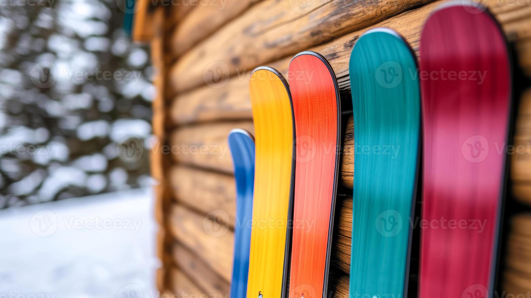 Row of colorful rental skis neatly lined up outside a cozy ski lodge warm wood cabin vibes ready for action snowy slopes in the background photo