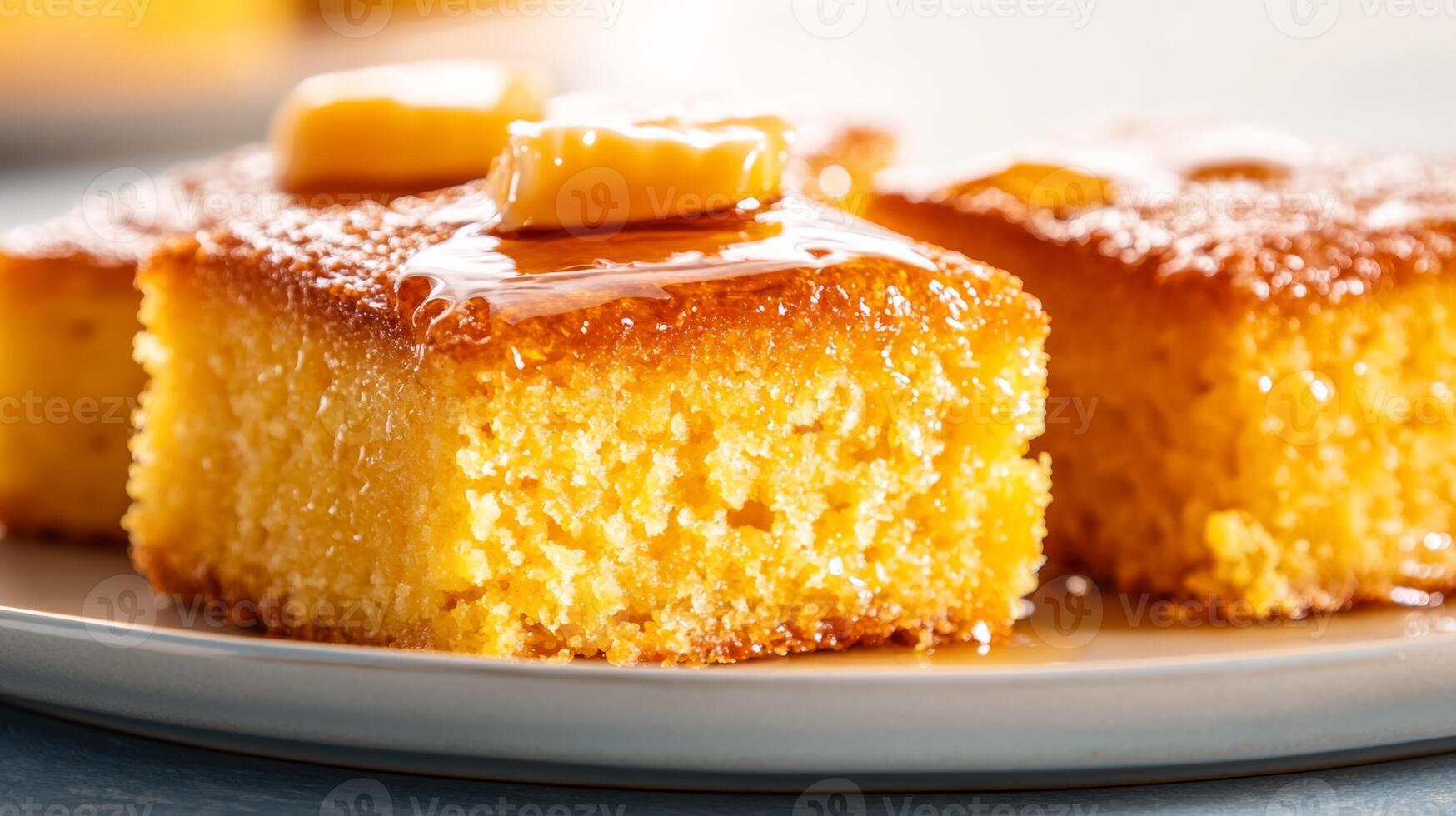 Savory cornbread with a golden crust, served with honey butter, set on a plate against a gradient background from soft golden yellow to warm amber photo