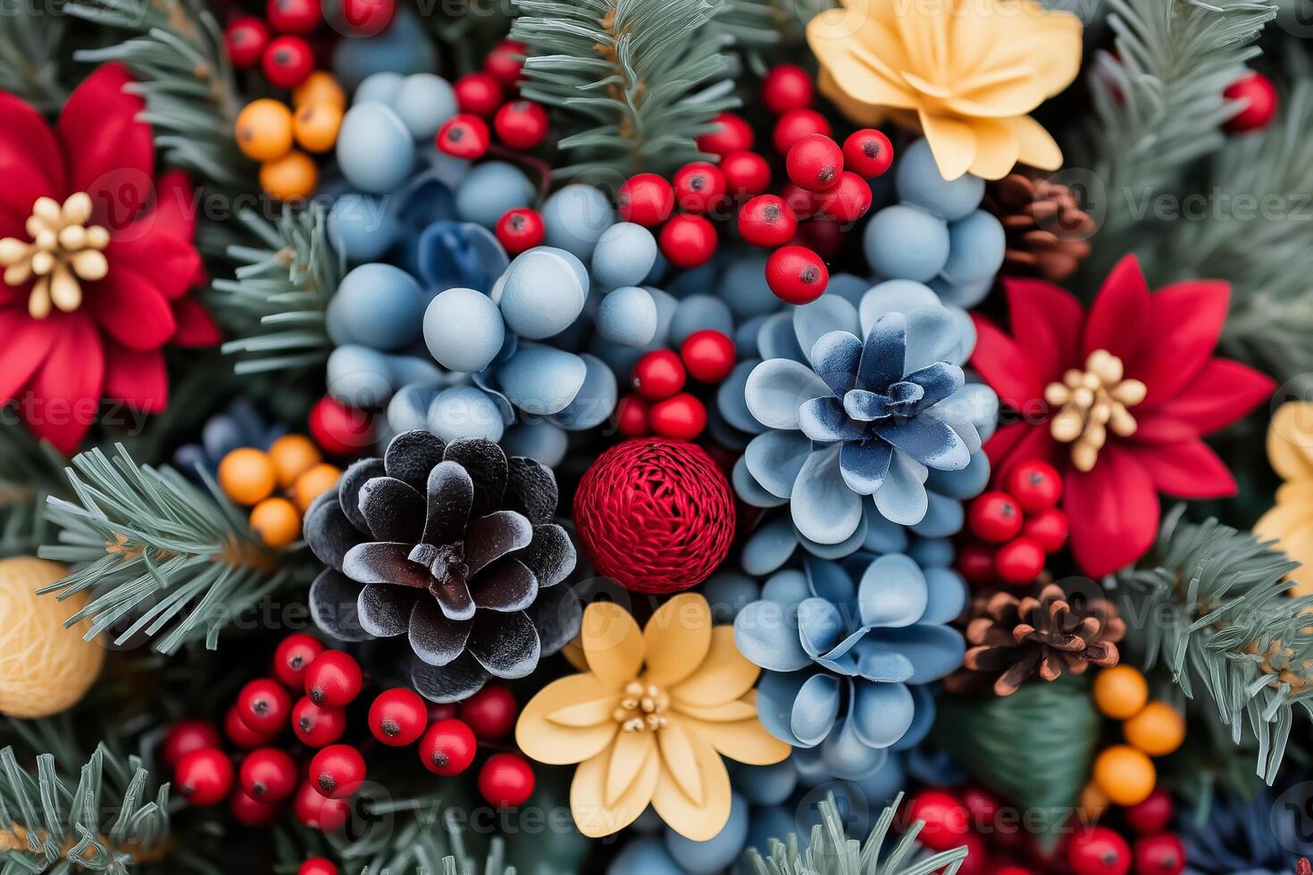 Seasonal Christmas and New Year plant and floral arrangements in the color palette of deep blue, vibrant red, pale yellow, and seafoam green photo