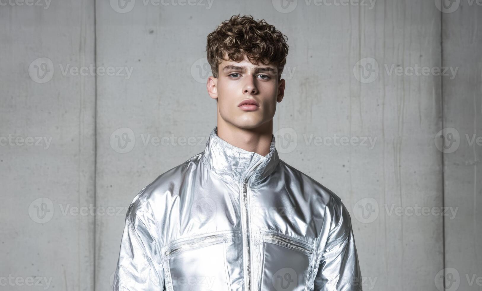 Slender androgynous male model in futuristic streetwear silver accents metallic tones stark lighting against a gritty concrete background blending high fashion with edge photo