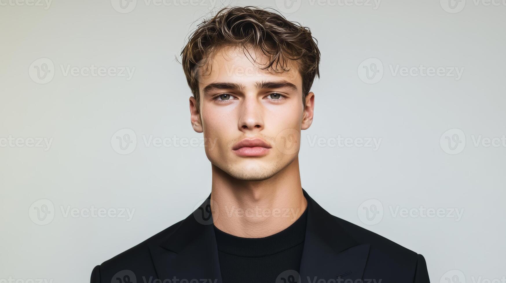 Slender androgynous male model in high fashion attire minimalist runway clean lines sharp cheekbones neutral colors striking an avant garde pose elegant and sleek photo