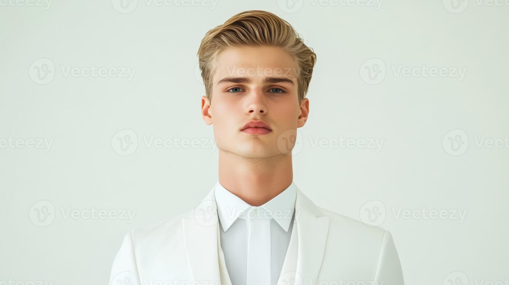 Slender androgynous male model in high fashion attire minimalist runway clean lines sharp cheekbones neutral colors striking an avant garde pose elegant and sleek photo
