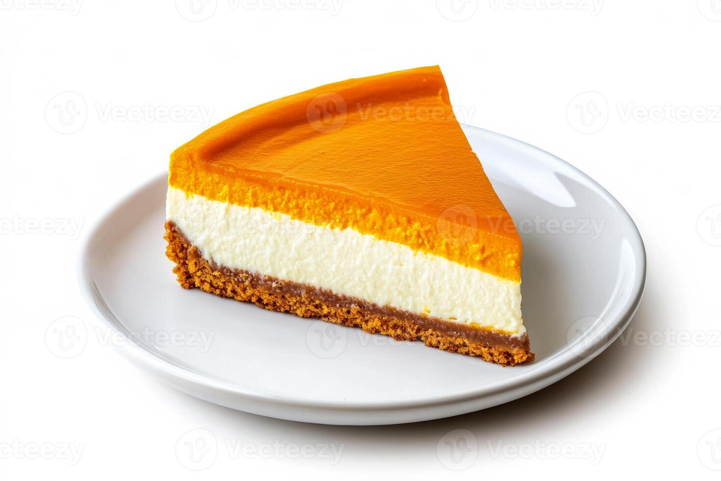 Stylized pumpkin cheesecake slice on a modern plate, isolated on a white background photo