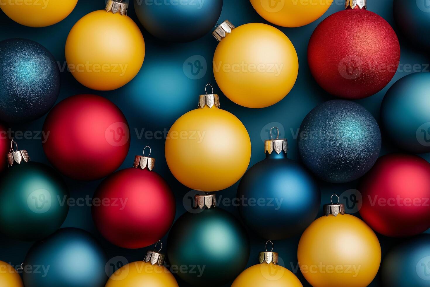 Traditional Christmas and New Year toys and ornaments in deep blue, vibrant red, pale yellow, and seafoam green hues photo