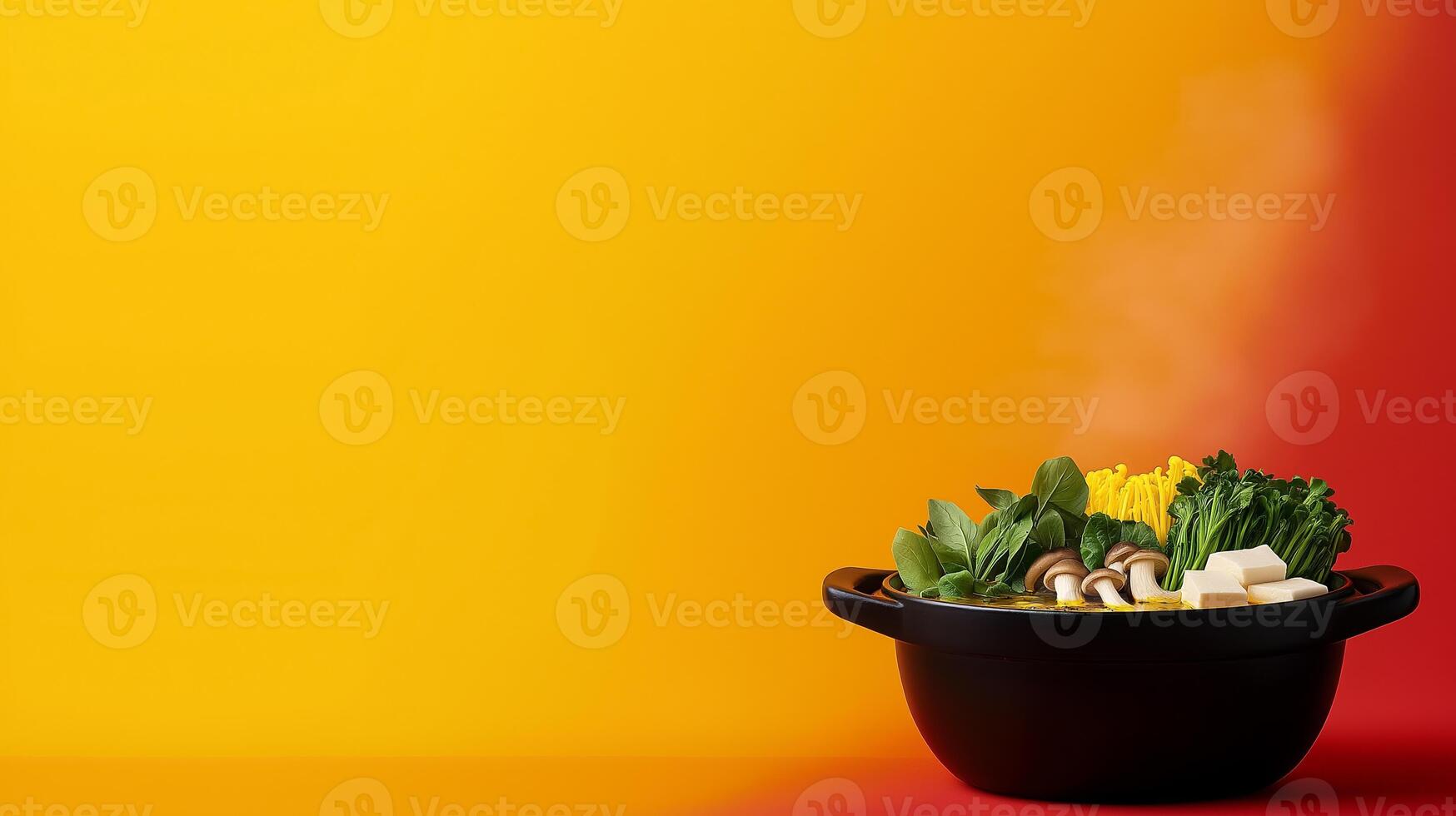Traditional autumn hot pot with a rich broth, leafy greens, mushrooms, tofu, and thinly sliced meats, steaming against a gradient background from deep red to golden yellow photo