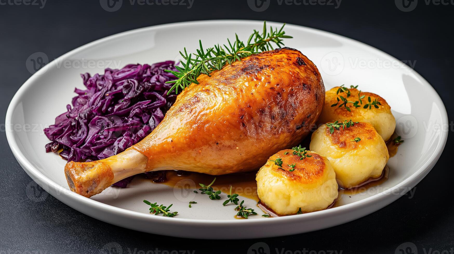 Traditional roasted goose leg with crispy skin, served with red cabbage and potato dumplings, all on a gradient background blending from deep burgundy to warm amber photo