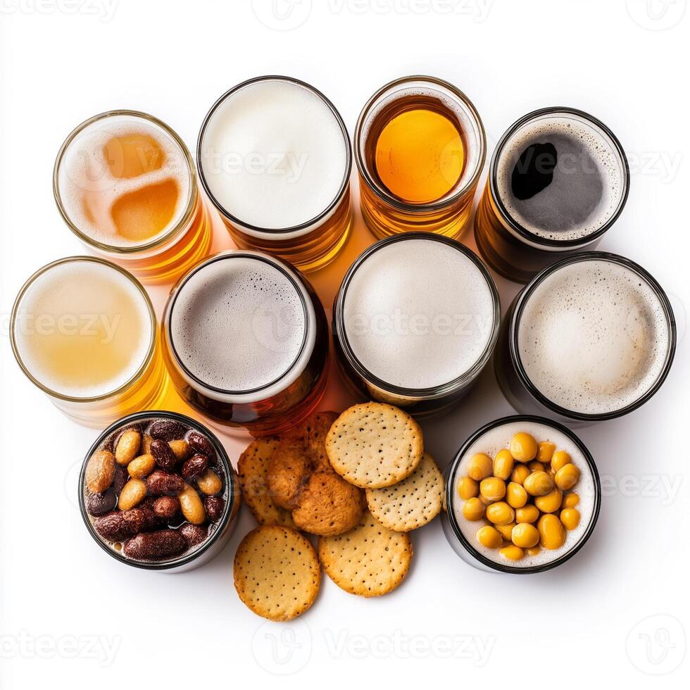 Variety of craft beer and snack pairings isolated on white background photo