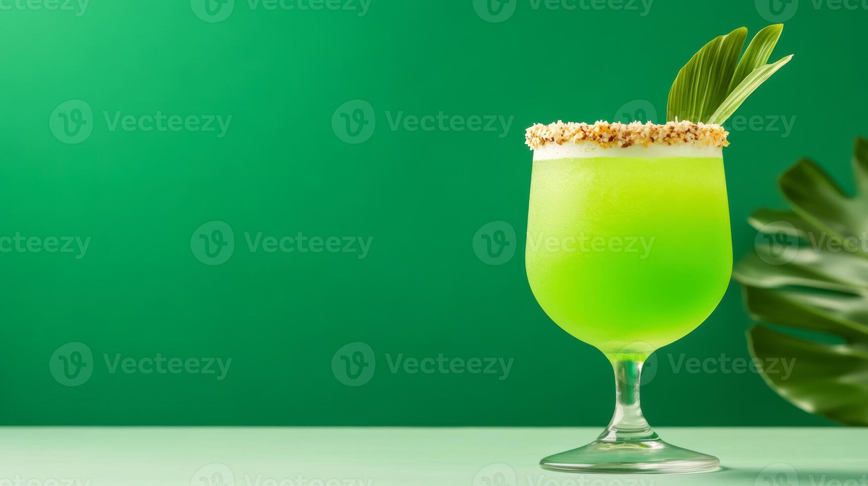 Tropical pandan and coconut rum cocktail with a vibrant green hue, served with a toasted coconut rim, against a gradient background fading from emerald green to soft cream photo