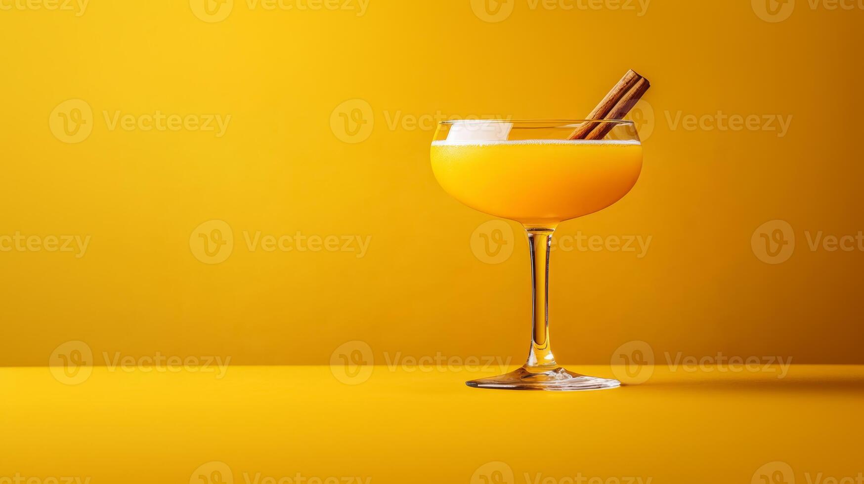 Unusual turmeric and ginger cocktail with mezcal and honey, bright yellow with a cinnamon stick garnish, set against a gradient background from deep mustard yellow to warm brown photo