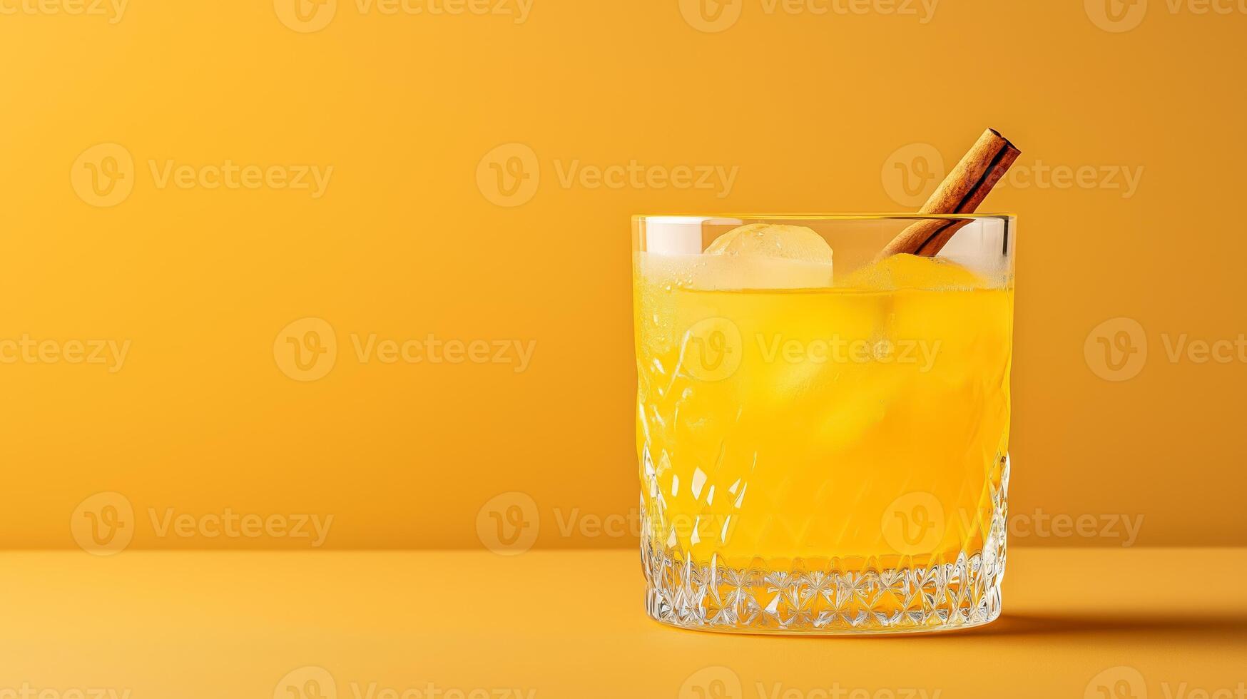 Unusual turmeric and ginger cocktail with mezcal and honey, bright yellow with a cinnamon stick garnish, set against a gradient background from deep mustard yellow to warm brown photo