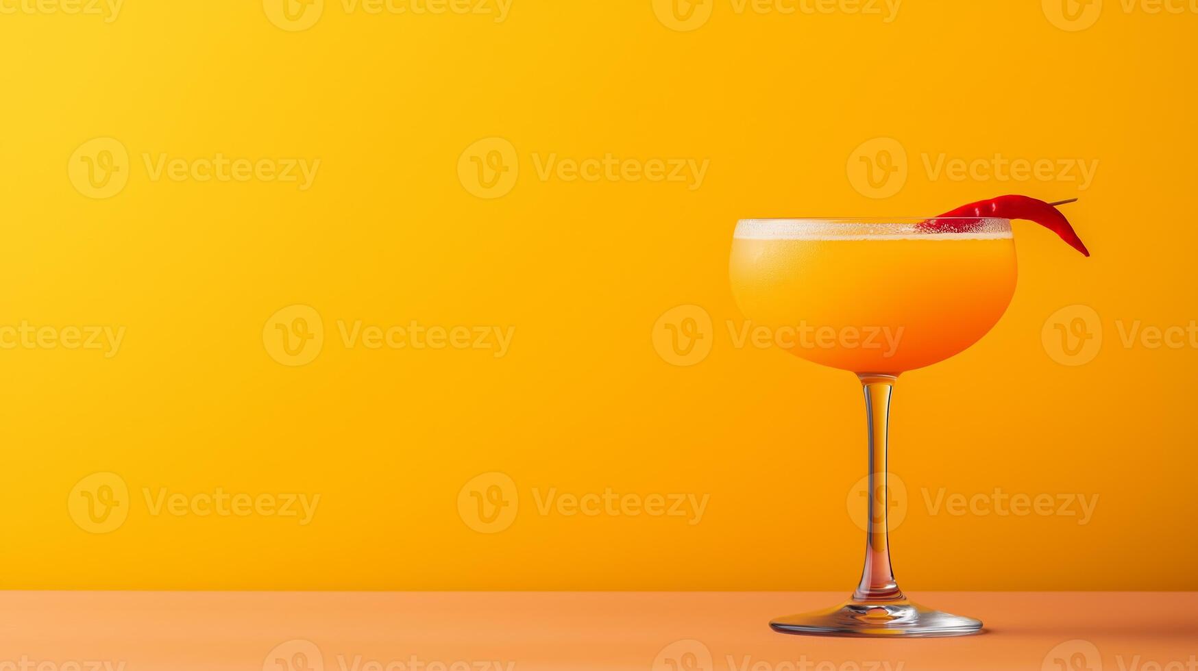 Vibrant cocktail with passionfruit, chili infused tequila, and honey, served in a sleek glass with a red chili garnish, striking colors on a gradient background from fiery red to golden yellow photo